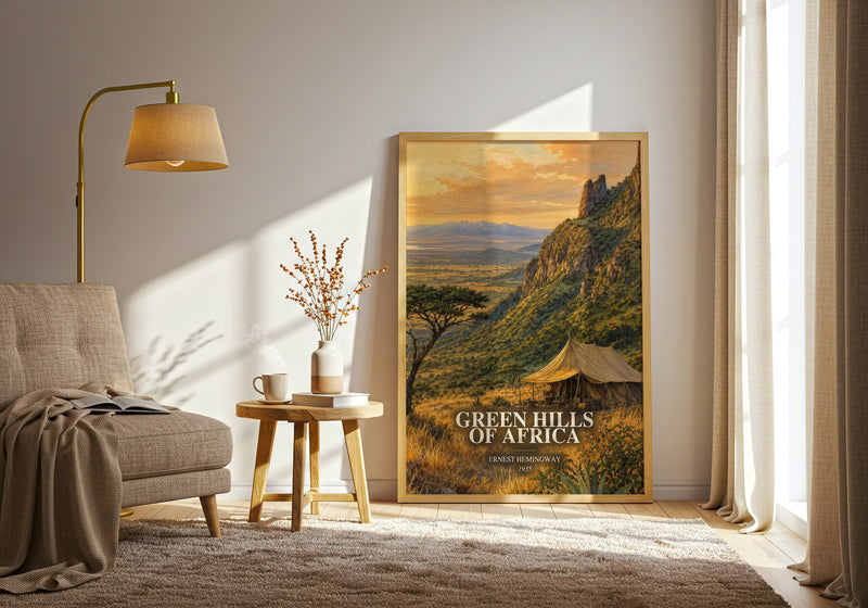 Green Hills Of Africa watercolour print in frame leaning in hallway – non fiction wall art