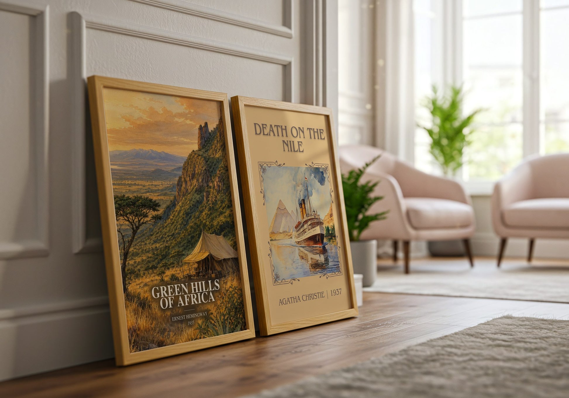 Green Hills Of Africa watercolour print framed by window – literary home decor