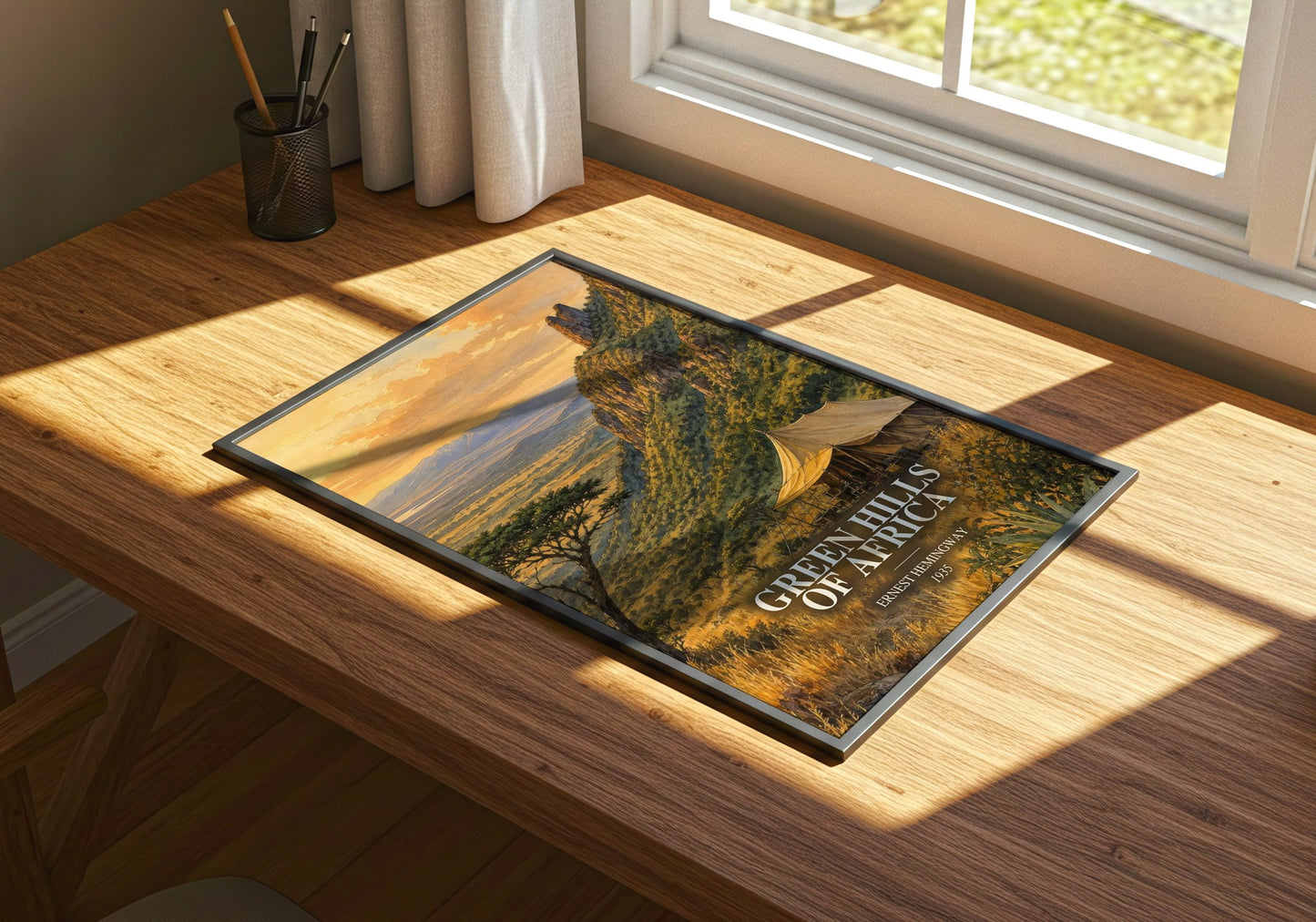 Green Hills Of Africa watercolour book poster framed on wall – non fiction wall art