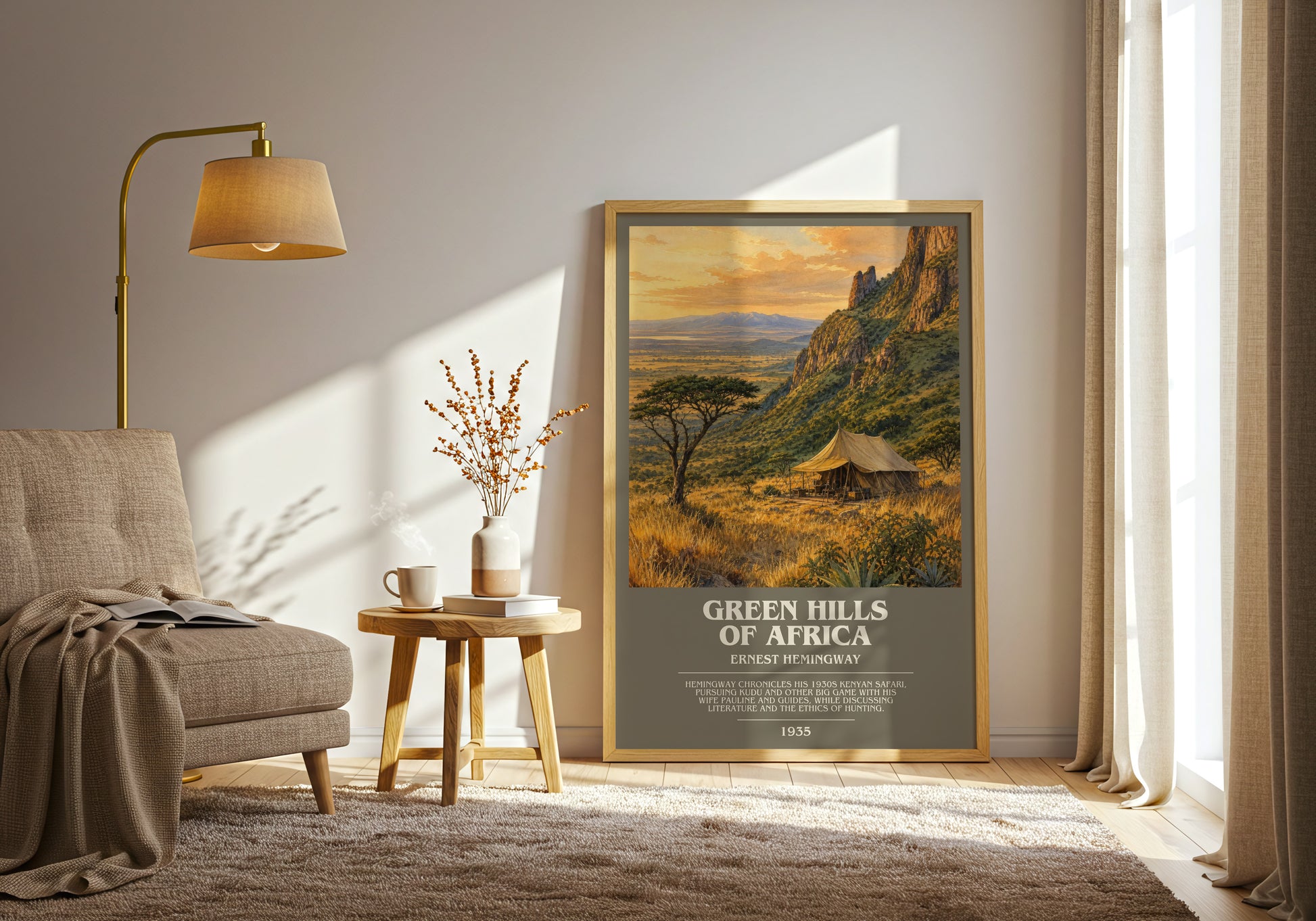 Green Hills Of Africa bookish print on bookshelf – Ernest Hemingway fan gift