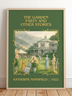 Garden Party And Other Stories Classic Book Art Print by K. Mansfield – framed print leaning on a wooden floor