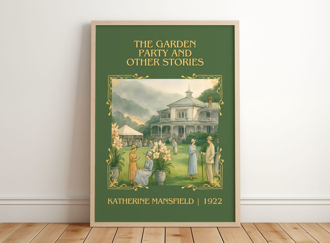 Garden Party And Other Stories Classic Book Art Print by K. Mansfield – framed print leaning on a wooden floor