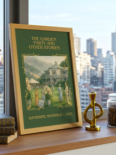 Garden Party And Other Stories Classic Book Art Print by K. Mansfield – framed print on a city-view windowsill