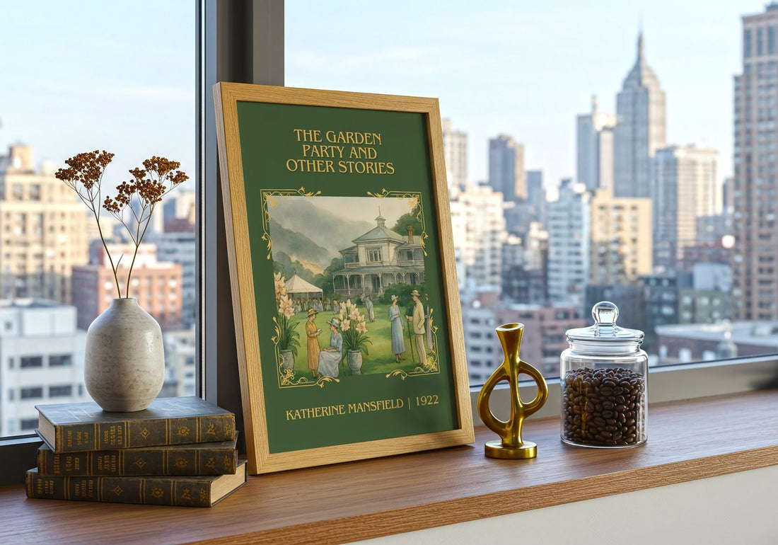 Garden Party And Other Stories Classic Book Art Print by K. Mansfield – framed print on a city-view windowsill