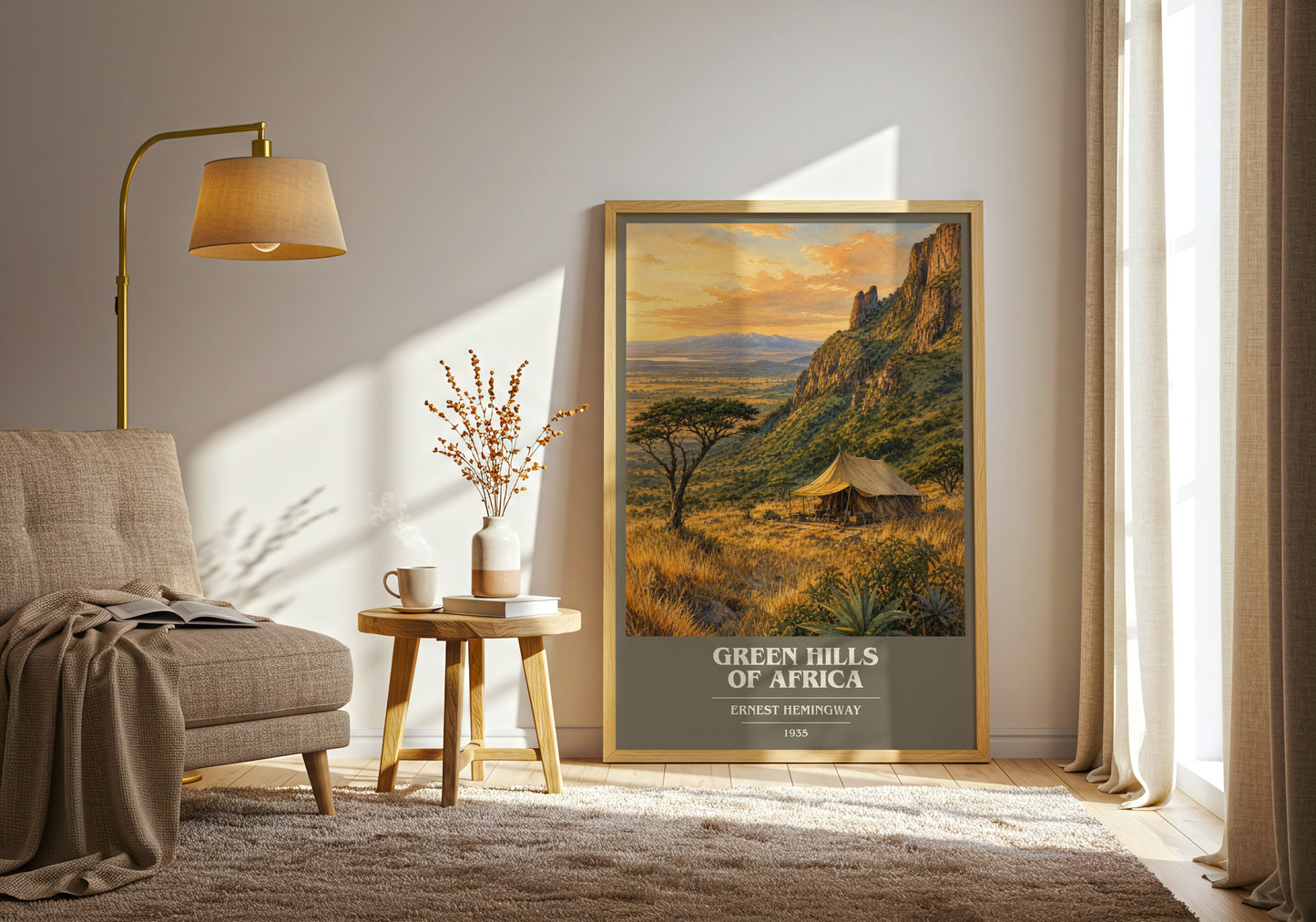 Green Hills Of Africa book cover print on bookshelf – Ernest Hemingway fan gift