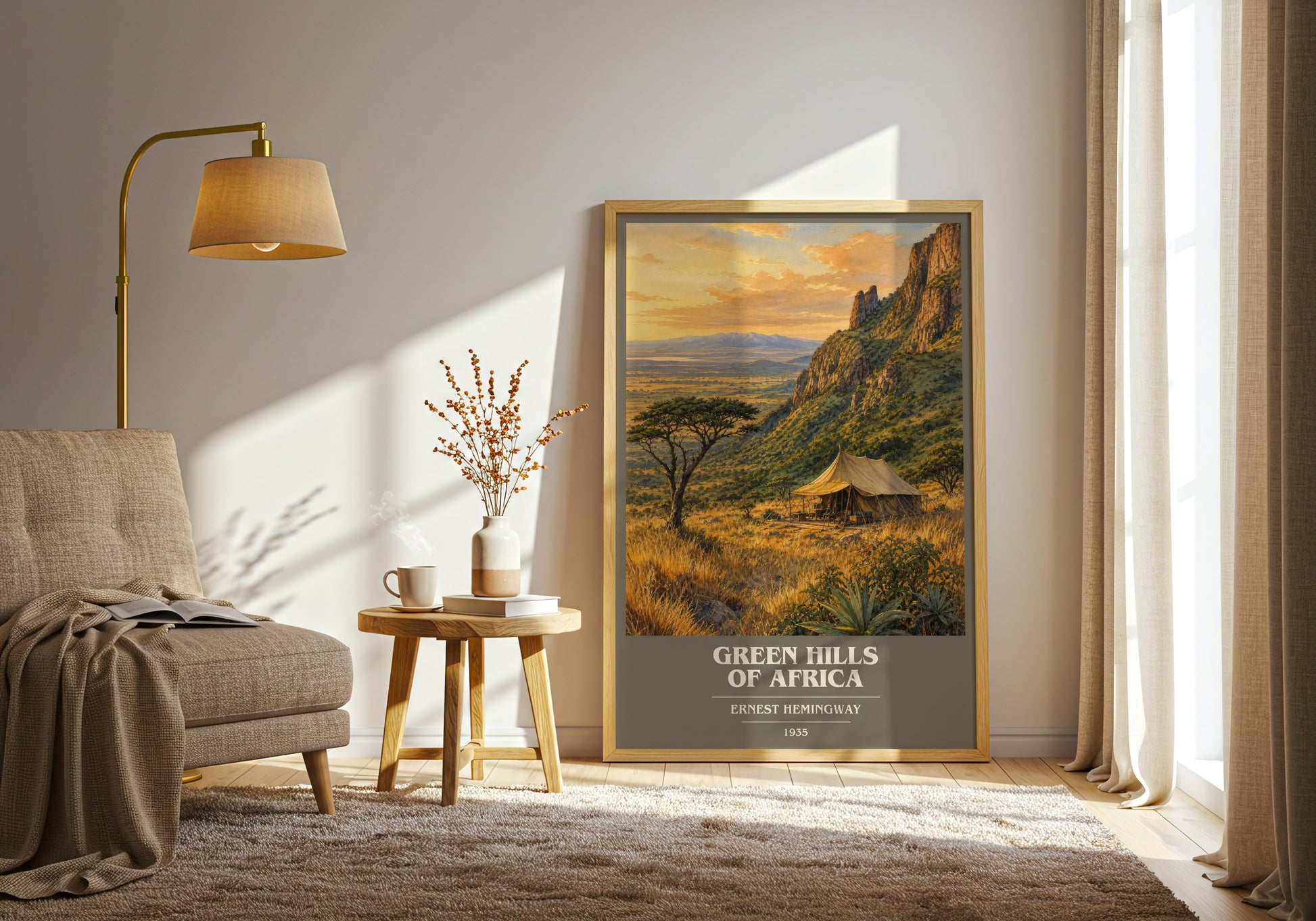 Green Hills Of Africa book cover print on bookshelf – Ernest Hemingway fan gift