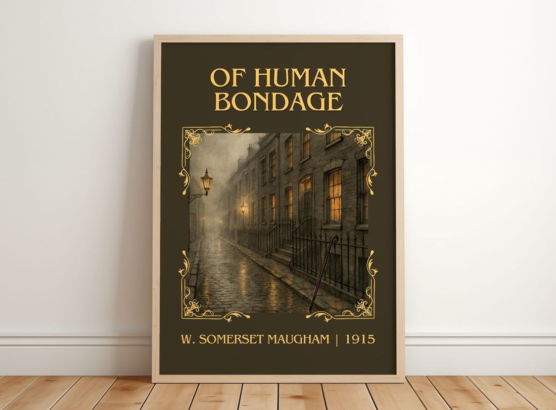 Of Human Bondage Classic Book Art Print by W. Somerset Maugham – framed print leaning on a wooden floor