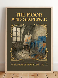 The Moon And Sixpence Classic Book Art Print by W. Somerset Maugham – framed print leaning on a wooden floor