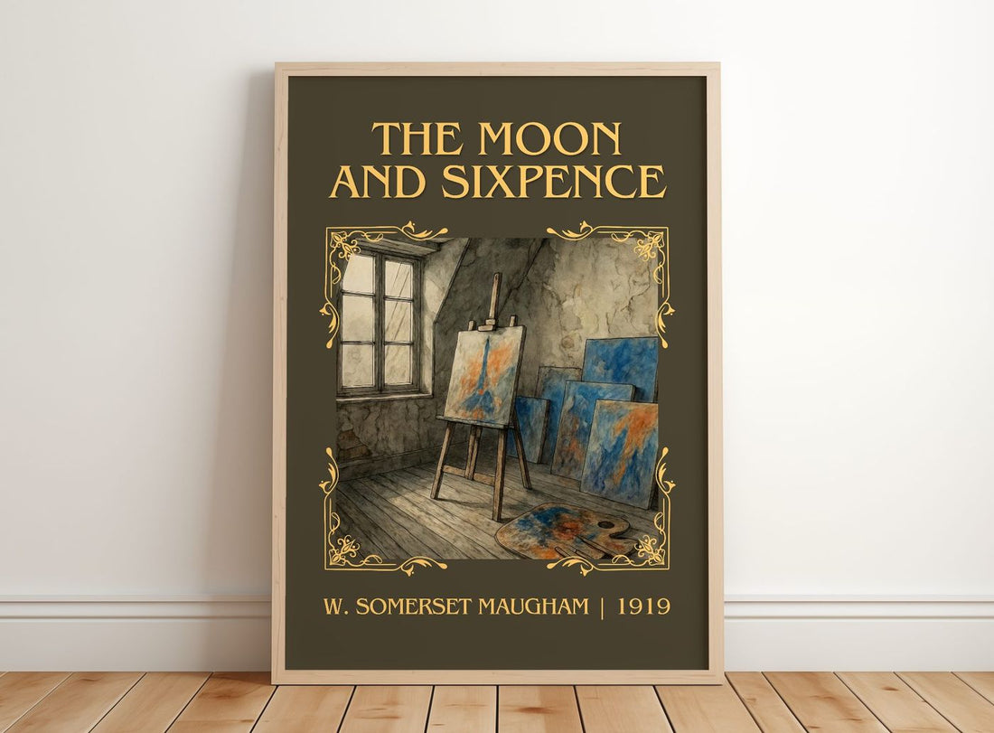 The Moon And Sixpence Classic Book Art Print by W. Somerset Maugham – framed print leaning on a wooden floor