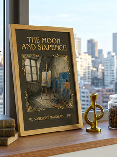 The Moon And Sixpence Classic Book Art Print by W. Somerset Maugham – framed print on a city-view windowsill