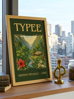 Typee Classic Book Art Print by Herman Melville – framed print on a city-view windowsill