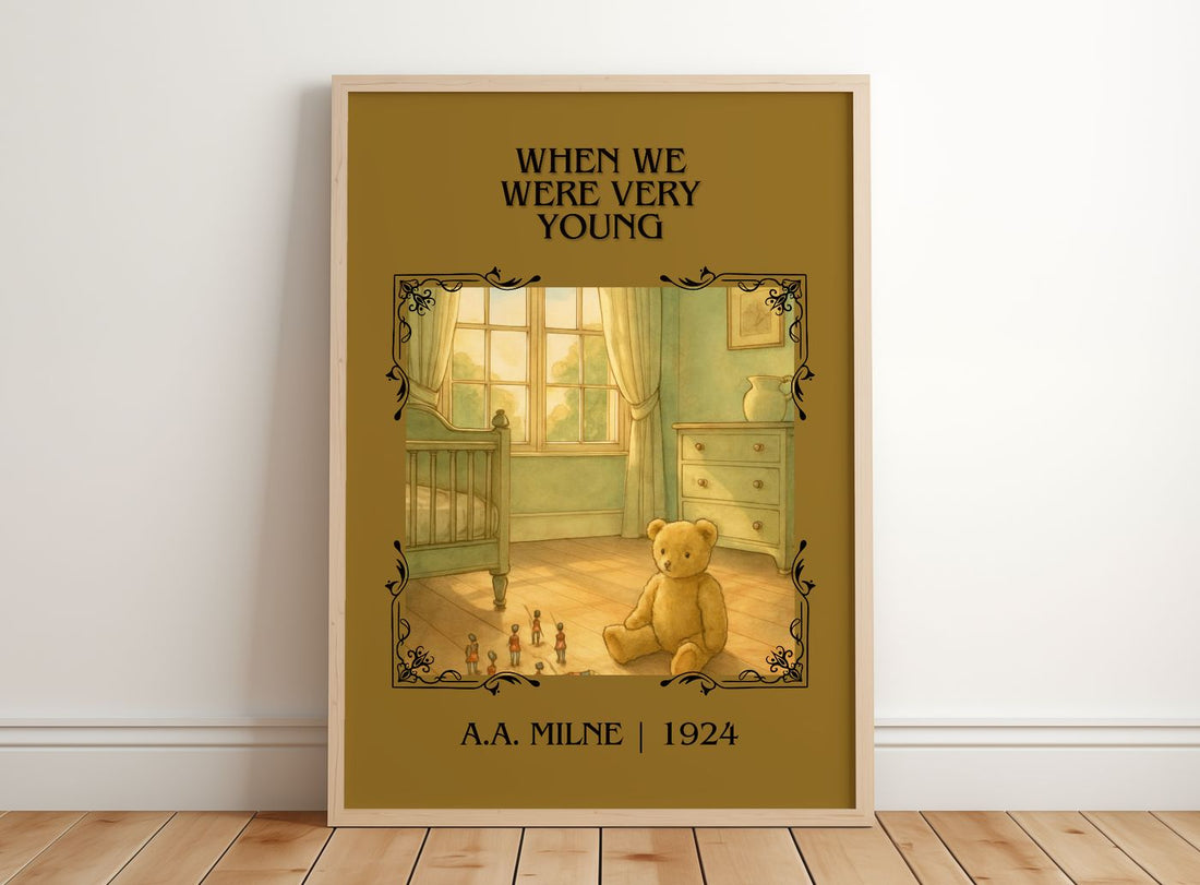 When We Were Very Young Classic Book Art Print by A.A. Milne – framed print leaning on a wooden floor