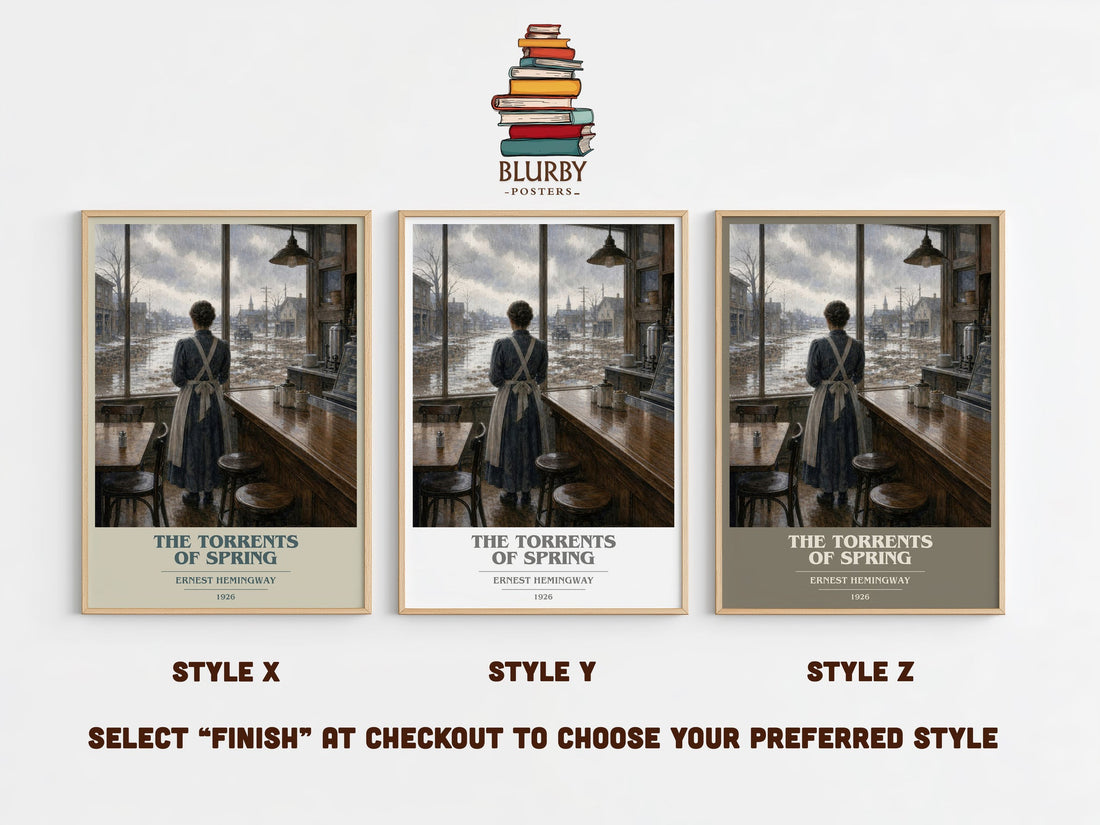 The Torrents Of Spring book cover print in frame leaning in hallway – satire wall art (mockup)