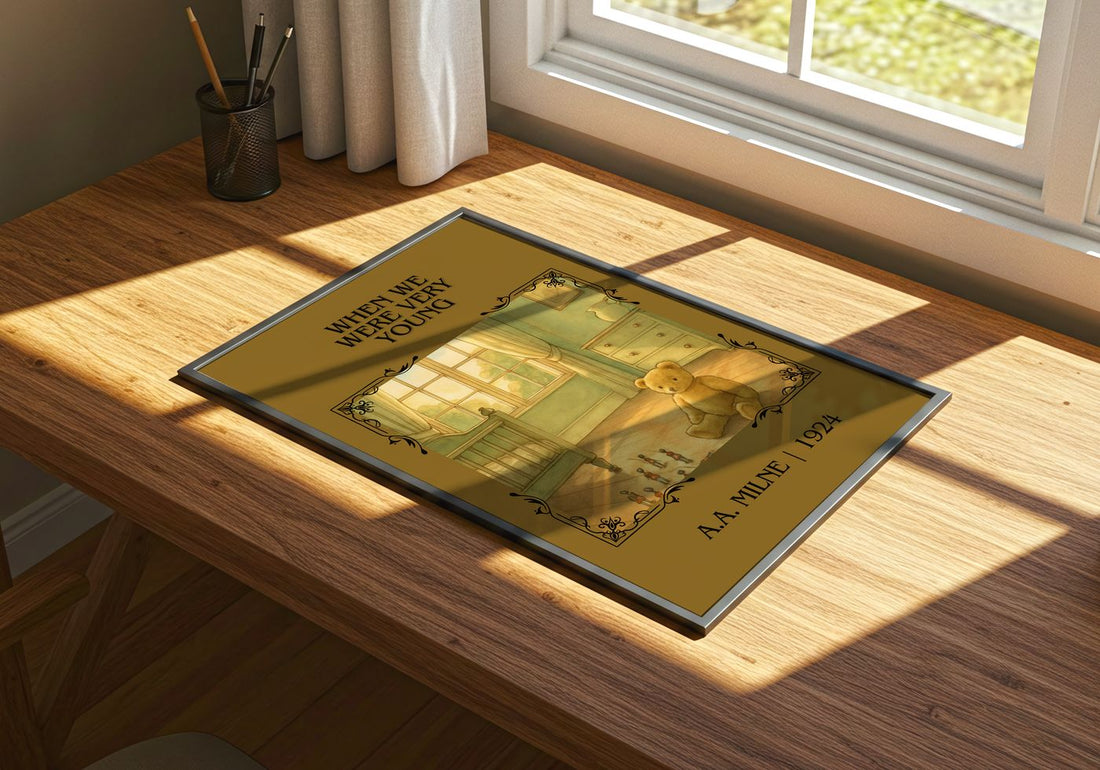 When We Were Very Young Classic Book Art Print by A.A. Milne – print on a sunlit desk