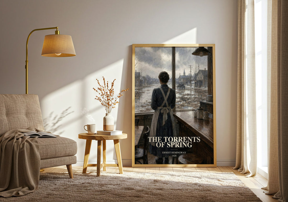 The Torrents Of Spring watercolour print in frame leaning in hallway – satire wall art (mockup)