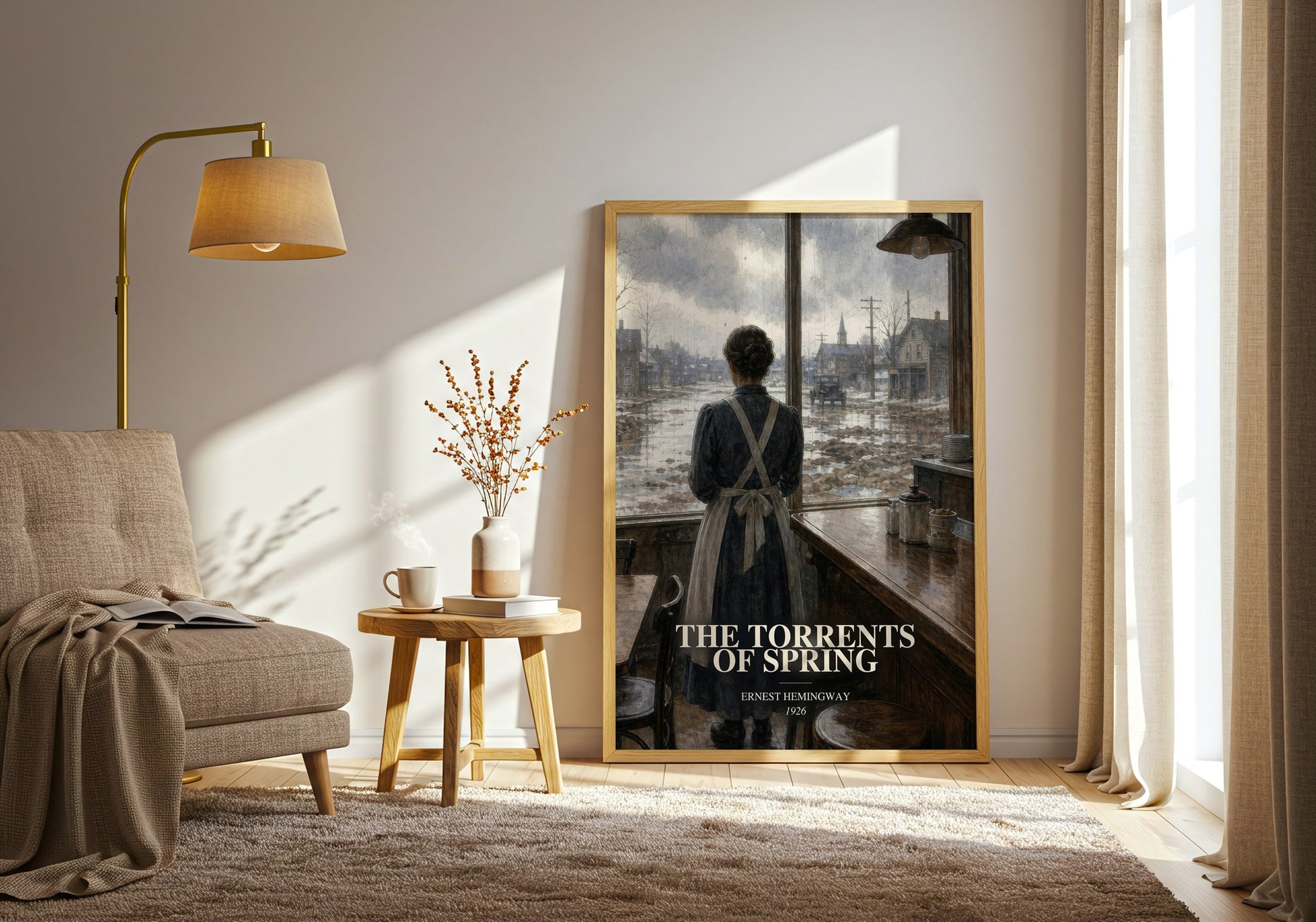 The Torrents Of Spring watercolour print in frame leaning in hallway – satire wall art