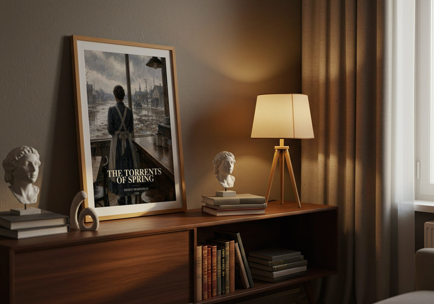 The Torrents Of Spring watercolour print on bookshelf – Ernest Hemingway fan gift