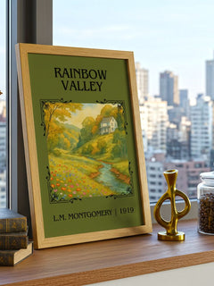 Rainbow Valley Classic Book Art Print by L.M. Montgomery – framed print on a city-view windowsill