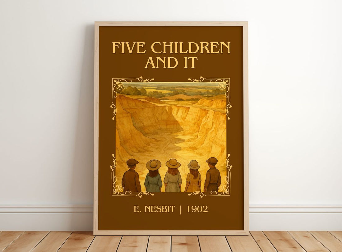 Five Children And It Classic Book Art Print by E. Nesbit – framed print leaning on a wooden floor