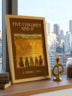 Five Children And It Classic Book Art Print by E. Nesbit – framed print on a city-view windowsill