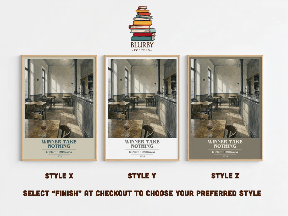 Winner Take Nothing book cover print in frame leaning in hallway – literary fiction wall art (mockup)