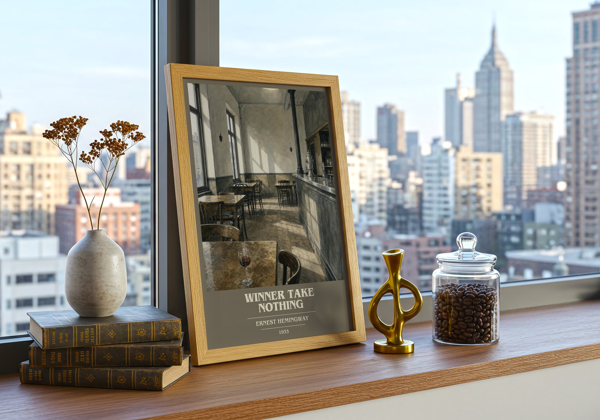 Winner Take Nothing book cover print framed by window – literary home decor