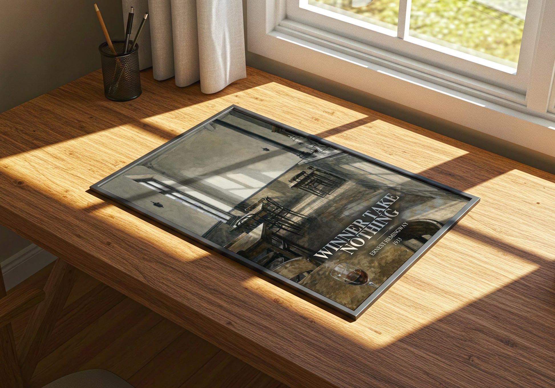 Winner Take Nothing watercolour book poster framed on wall – literary fiction wall art