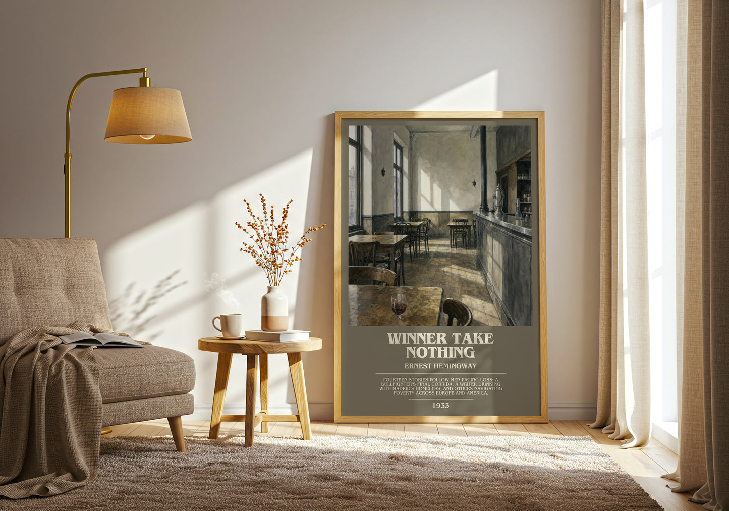 Winner Take Nothing bookish print on bookshelf – Ernest Hemingway fan gift