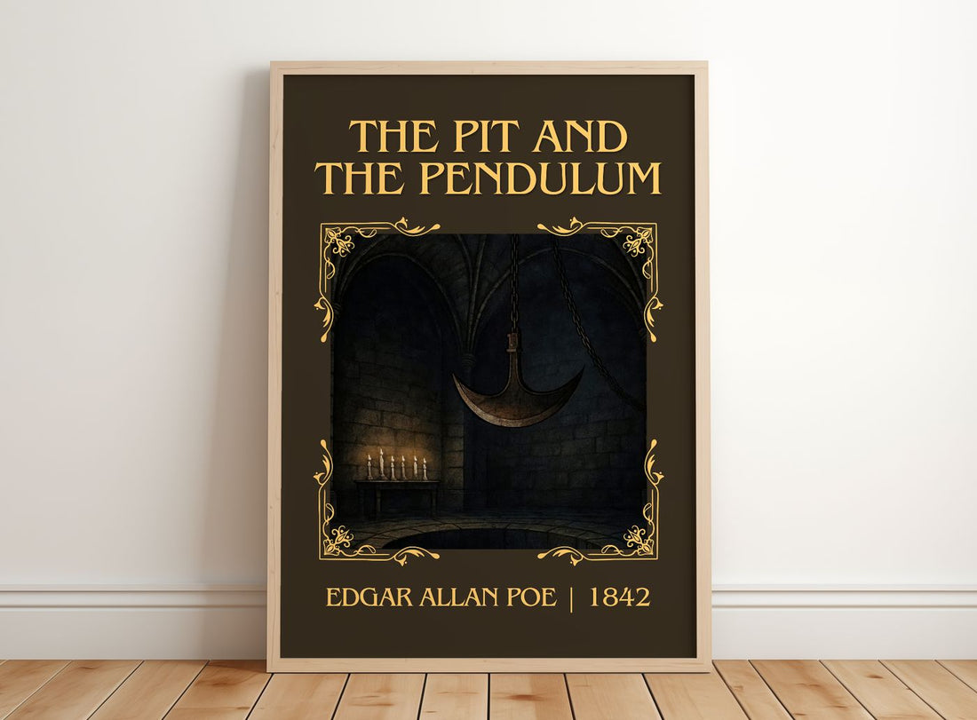 The Pit And The Pendulum Classic Book Art Print by Edgar Allan Poe – framed print leaning on a wooden floor