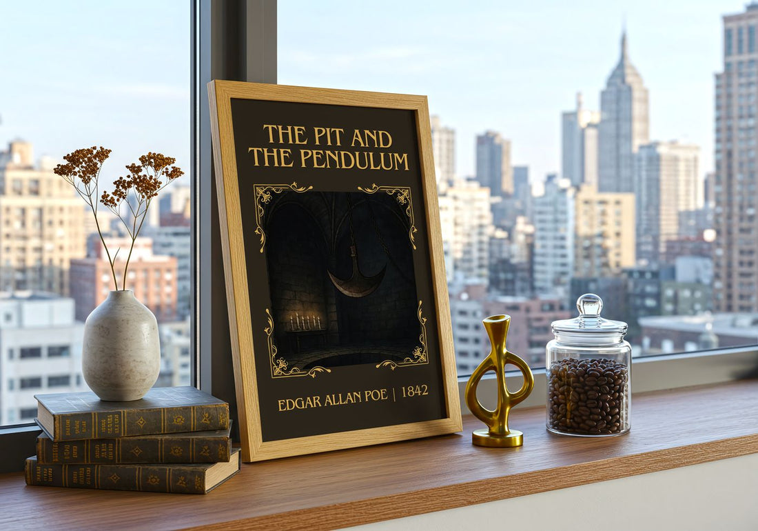 The Pit And The Pendulum Classic Book Art Print by Edgar Allan Poe – framed print on a city-view windowsill