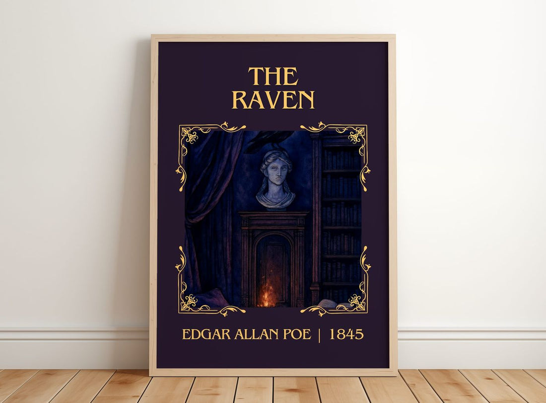 The Raven Classic Book Art Print by Edgar Allan Poe – framed print leaning on a wooden floor
