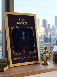 The Raven Classic Book Art Print by Edgar Allan Poe – framed print on a city-view windowsill