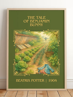 The Tale Of Benjamin Bunny Classic Book Art Print by Beatrix Potter – framed print leaning on a wooden floor
