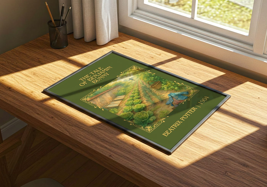 The Tale Of Benjamin Bunny Classic Book Art Print by Beatrix Potter – print on a sunlit desk