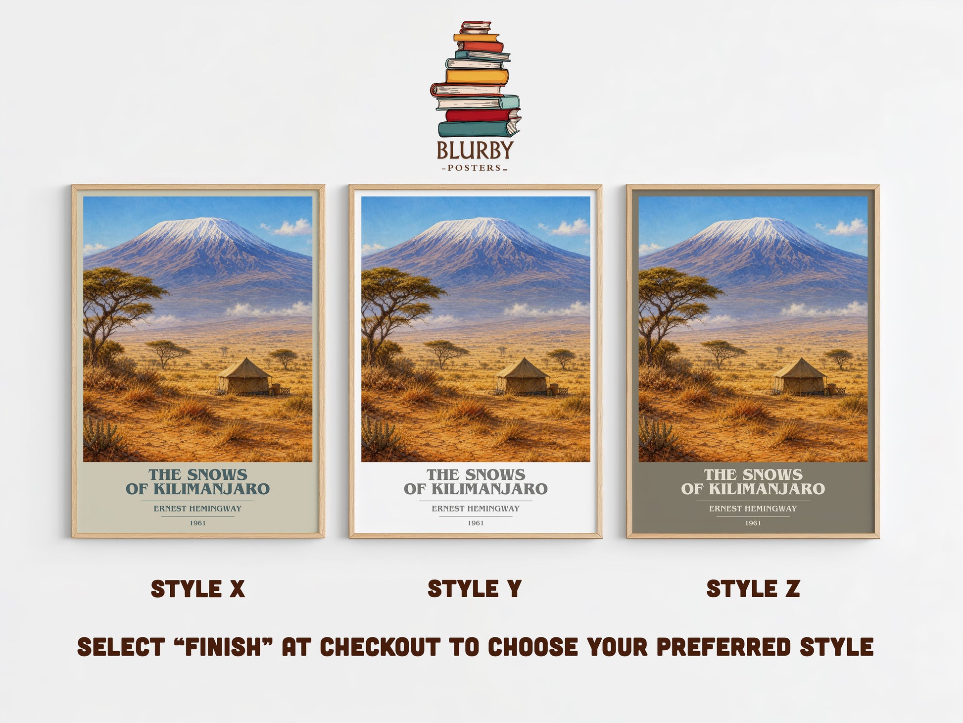 The Snows Of Kilimanjaro book cover print in frame leaning in hallway – literary fiction wall art