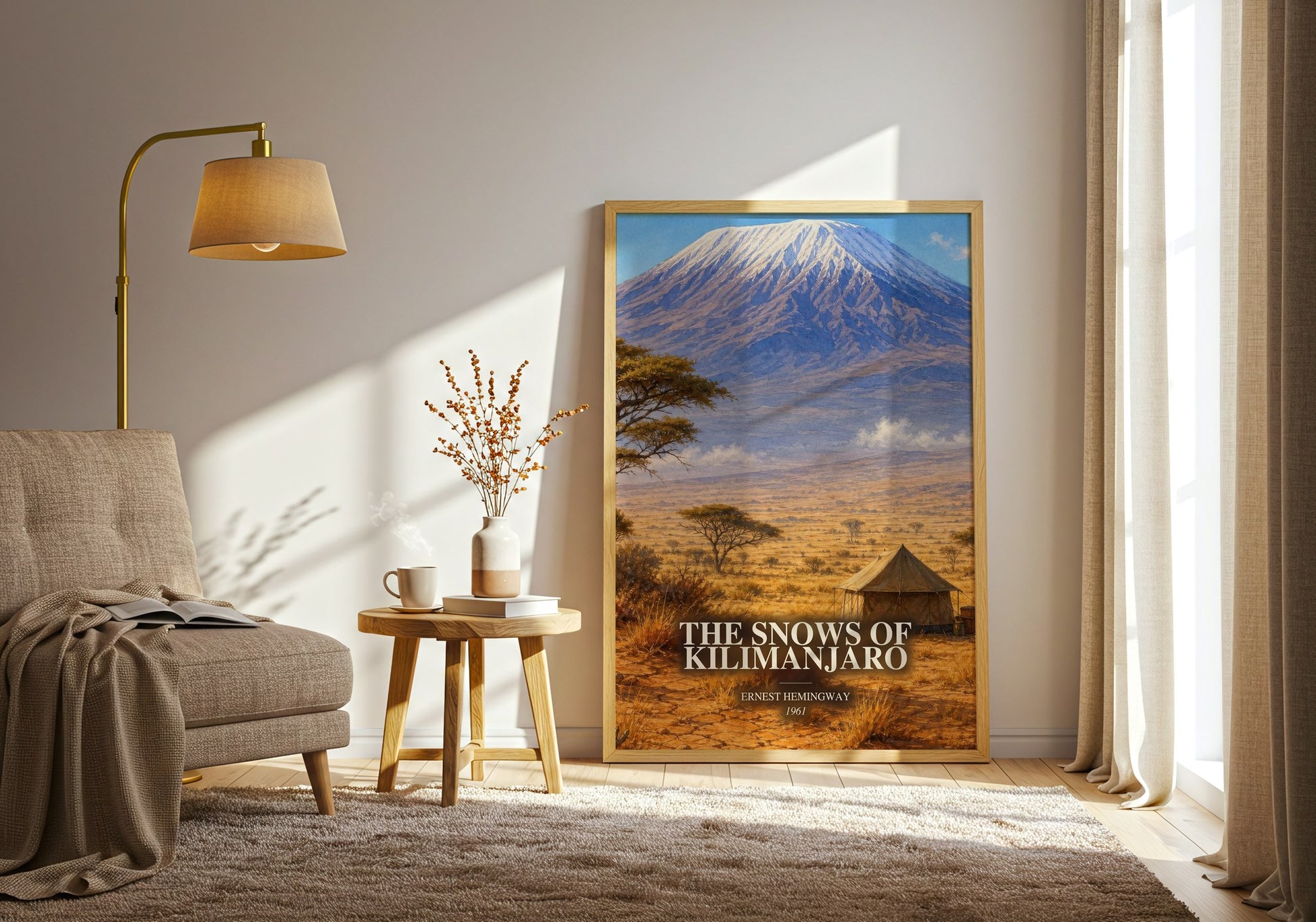 The Snows Of Kilimanjaro watercolour print in frame leaning in hallway – literary fiction wall art