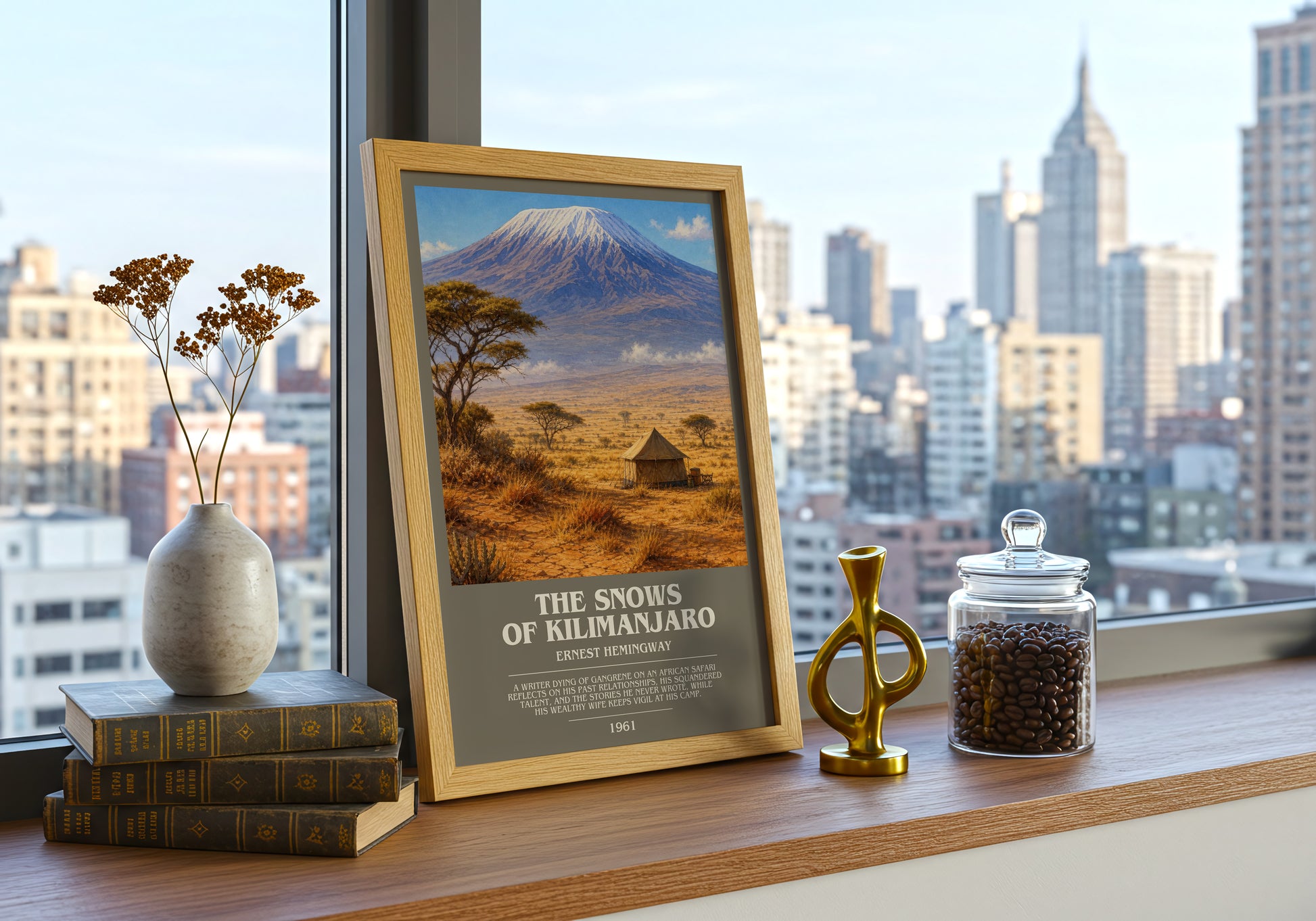 The Snows Of Kilimanjaro bookish print framed by window – literary home decor