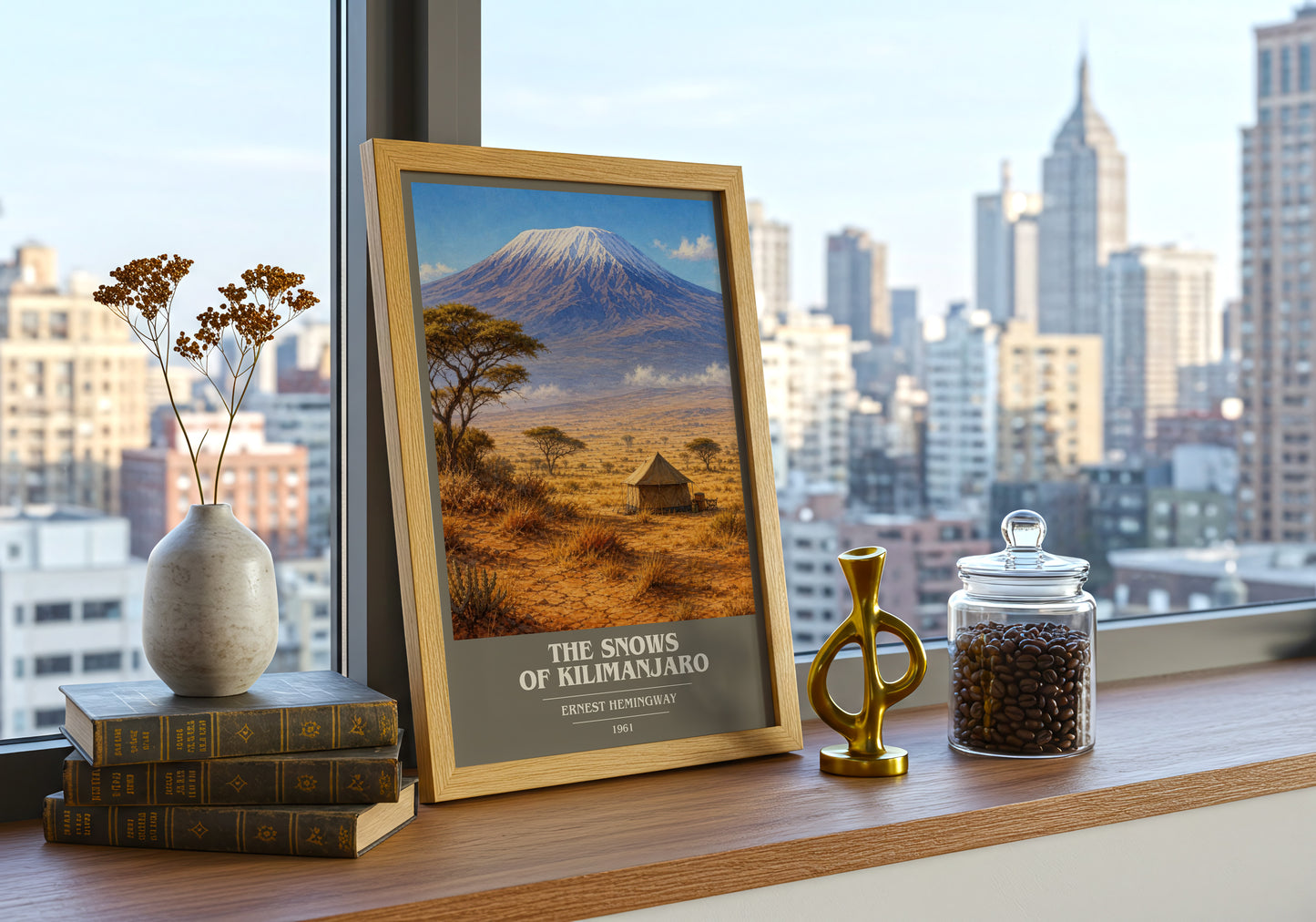The Snows Of Kilimanjaro book cover print framed by window – literary home decor