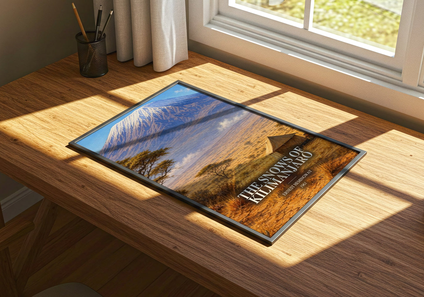 The Snows Of Kilimanjaro watercolour book poster framed on wall – literary fiction wall art