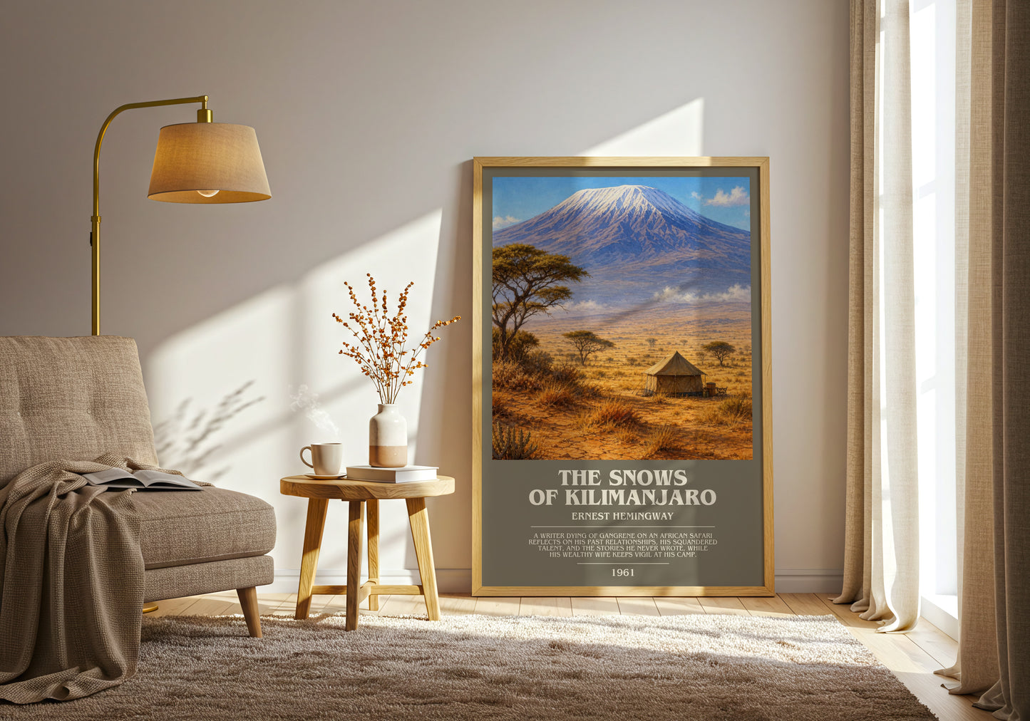 The Snows Of Kilimanjaro bookish print on bookshelf – Ernest Hemingway fan gift