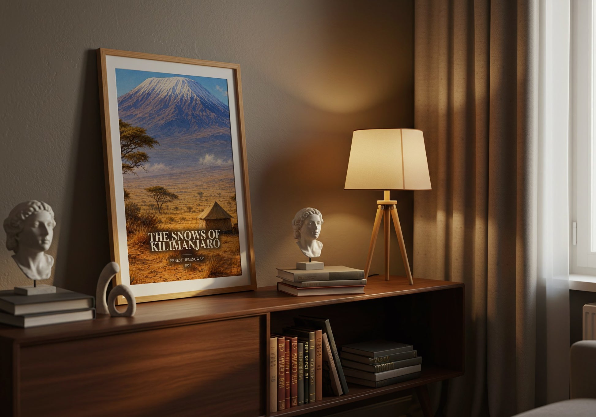 The Snows Of Kilimanjaro watercolour print on bookshelf – Ernest Hemingway fan gift