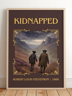 Kidnapped Classic Book Art Print by Robert Louis Stevenson – framed print leaning on a wooden floor