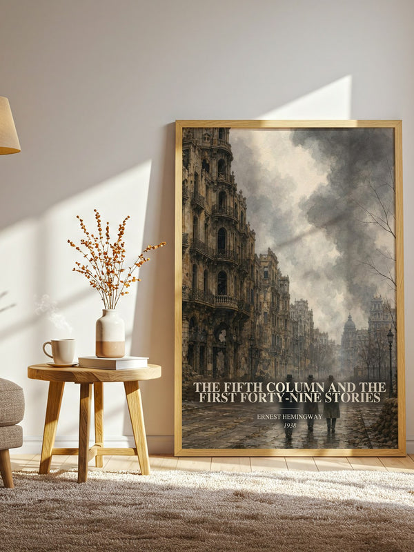 The Fifth Column And The First Forty-Nine Stories watercolour print in frame leaning in hallway – literary fiction wall art