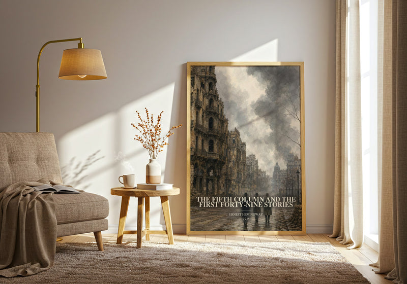 The Fifth Column And The First Forty-Nine Stories watercolour print in frame leaning in hallway – literary fiction wall art