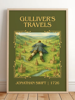Gulliver'S Travels Classic Book Art Print by Jonathan Swift – framed print leaning on a wooden floor
