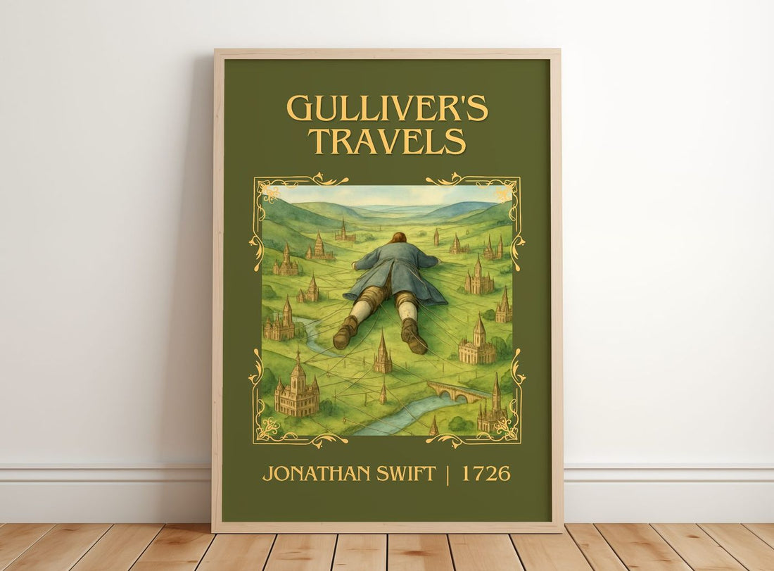 Gulliver'S Travels Classic Book Art Print by Jonathan Swift – framed print leaning on a wooden floor