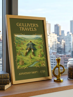 Gulliver'S Travels Classic Book Art Print by Jonathan Swift – framed print on a city-view windowsill