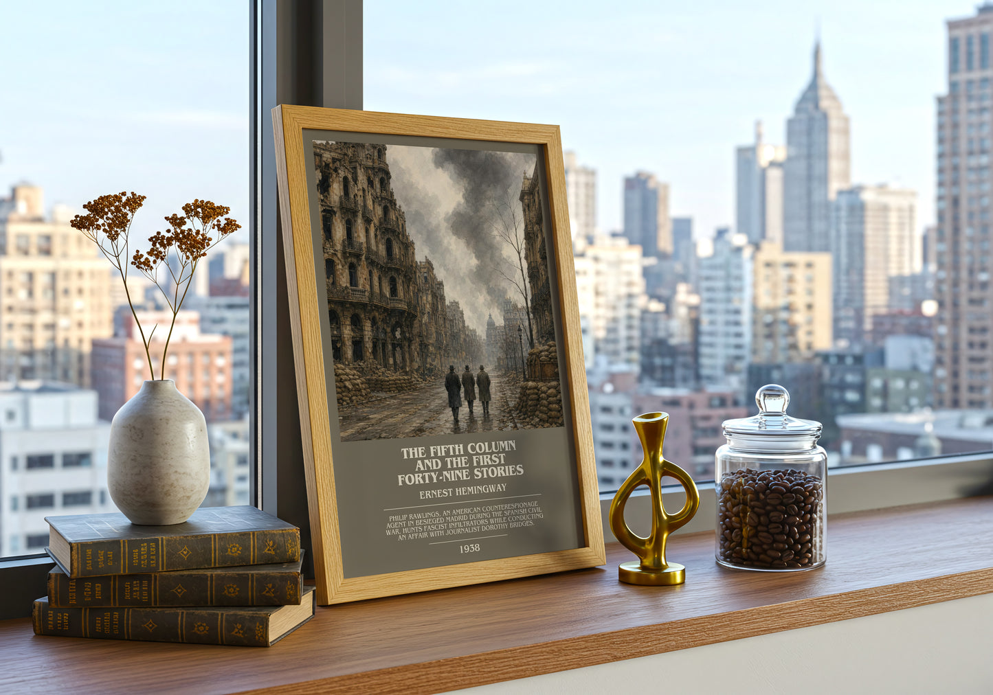 The Fifth Column And The First Forty-Nine Stories bookish print framed by window – literary home decor