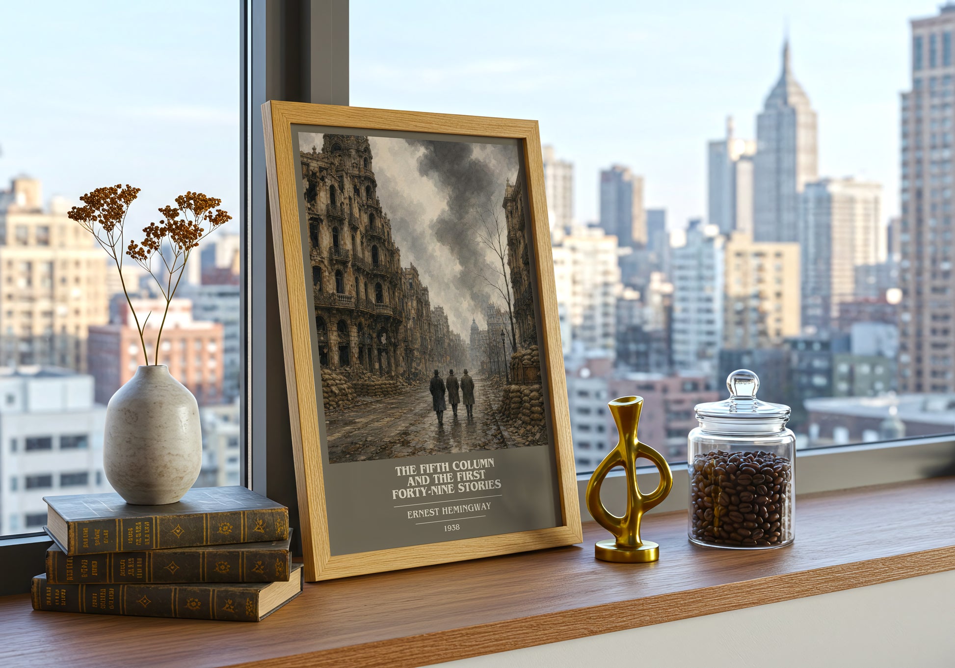 The Fifth Column And The First Forty-Nine Stories book cover print framed by window – literary home decor