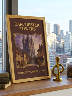 Barchester Towers Classic Book Art Print by Anthony Trollope – framed print on a city-view windowsill